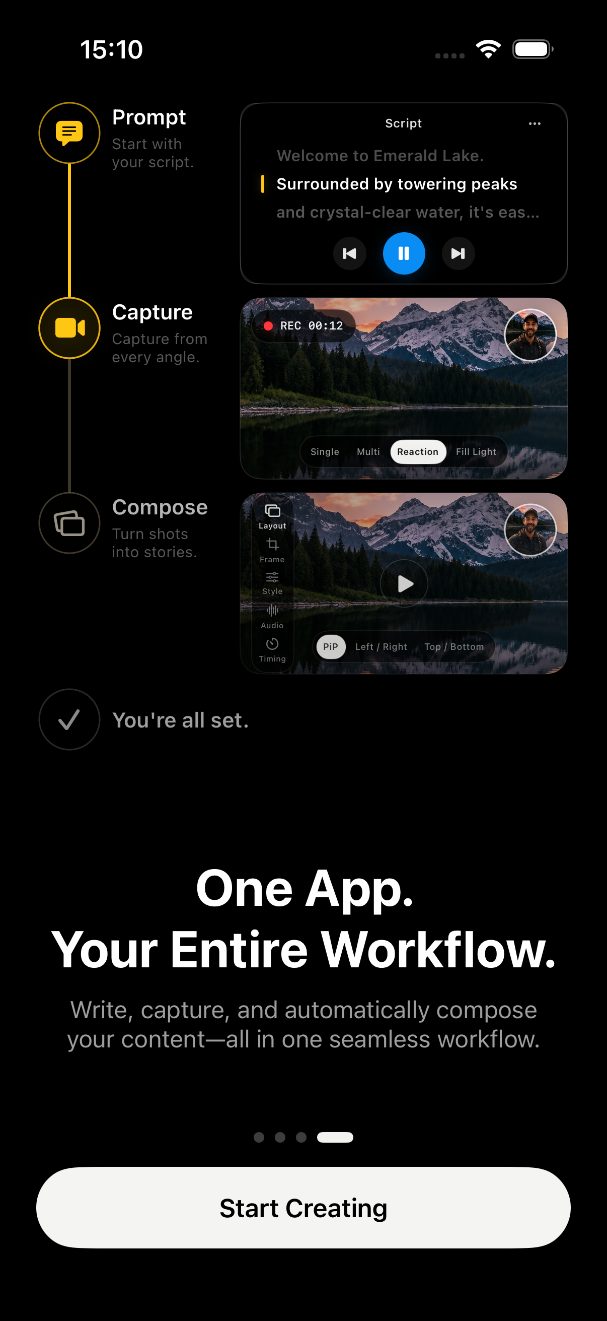 OmniTake app guide showing prompting, capture, and composition features